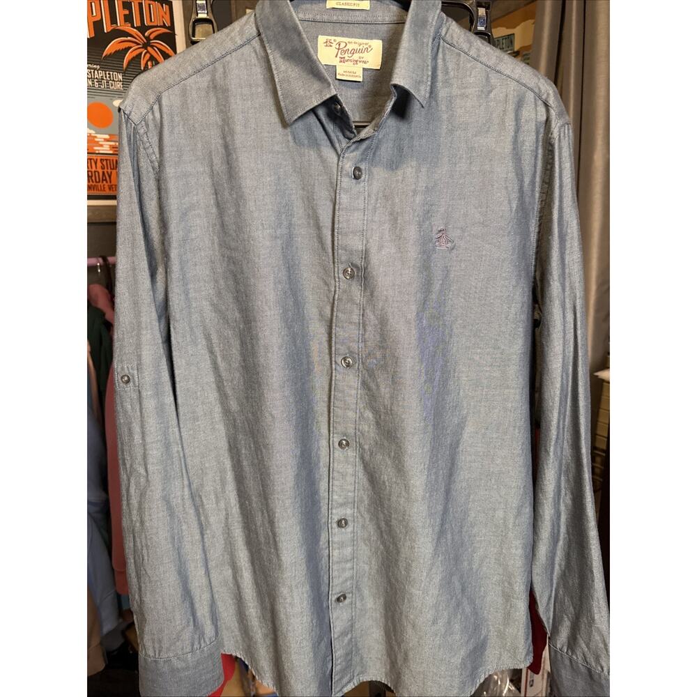 Original Penguin Men Blue Grey Chambray Button Down Shirt Classic Fit Medium